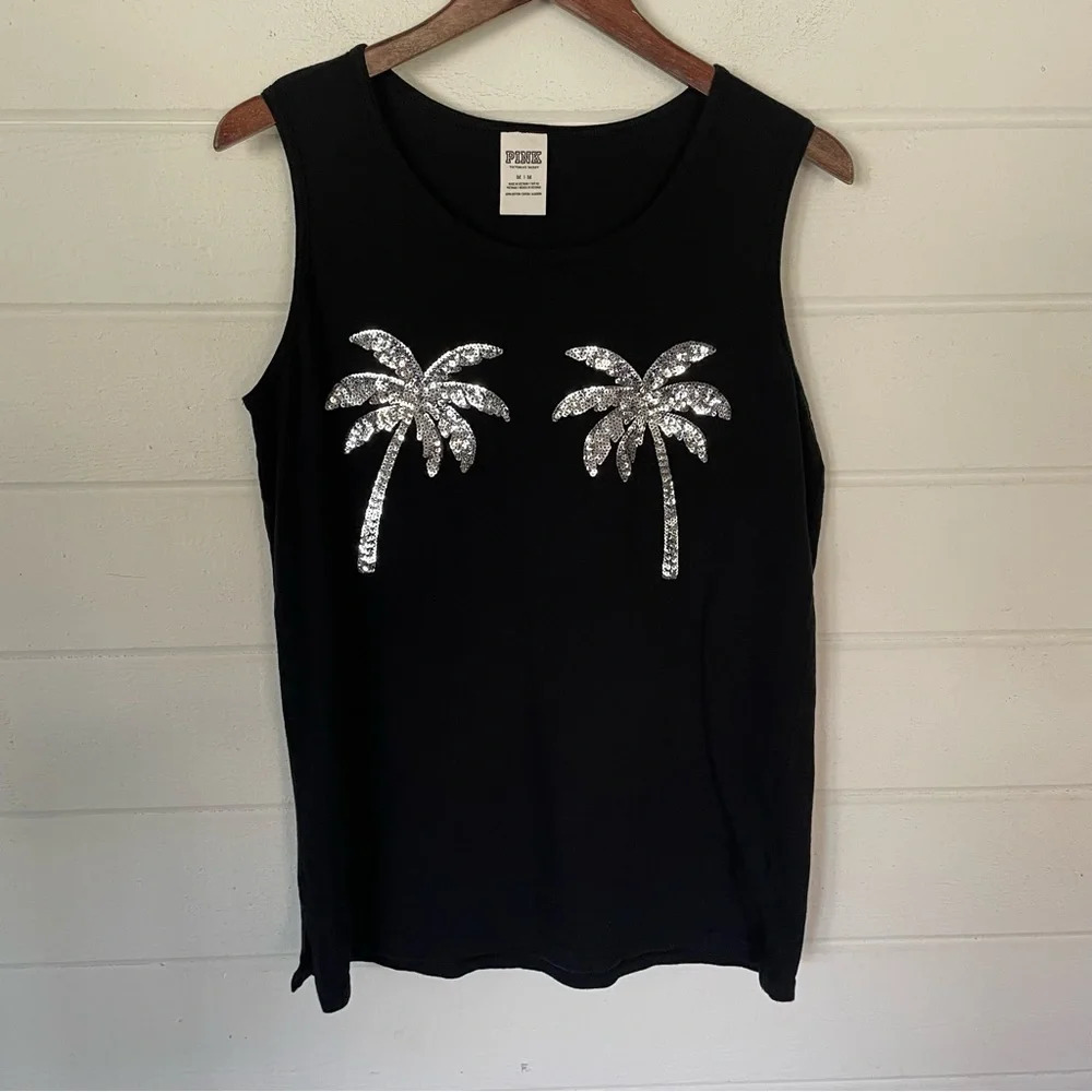 PINK Victoria's Secret Black Sequins Palm Tree Tank Top Size Medium - Picture 1 of 8